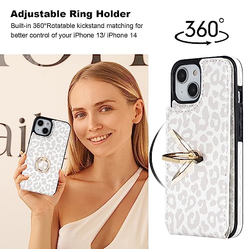 HAOPINSH for iPhone 13/ iPhone 14 Wallet Case with Card Holder, 360°Rotation Ring Kickstand, White Leopard Cheetah Pattern, RFID Blocking Leather for Girls Women, Double Buttons Flip 6.1" - color: White Leopard