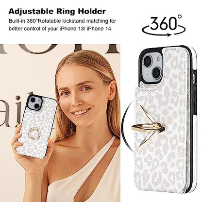 HAOPINSH for iPhone 13/ iPhone 14 Wallet Case with Card Holder, 360°Rotation Ring Kickstand, White Leopard Cheetah Pattern, RFID Blocking Leather for Girls Women, Double Buttons Flip 6.1" - color: White Leopard