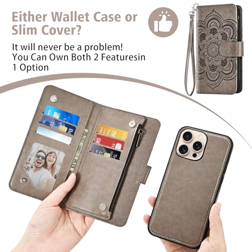 Asuwish Phone Case for iPhone 16 Pro 6.3 inch Zipper Wallet Magnetic Detachable Cell Cover with Tempered Glass Screen Protector Crossbody Strap Flower Card Holder i Phone16 i16 16Pro Women Girls Gray - color: Gray