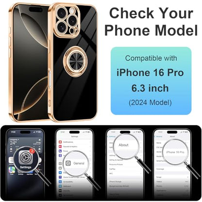Dinick Black for iPhone 16 Pro Case with Ring Holder Kickstand - color: Black, size: 6.3'' iPhone 16 Pro