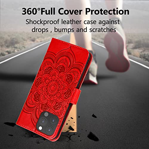 EYZUTAK Case for iPhone 13 Pro, Premium PU Leather Magnetic Flip Wallet Case with Card Holder Cash Slot Lanyard Strap Kickstand Function Embossed Mandala Flower Pattern Shockproof Cover - Red - color: Red, size: iPhone 13 Pro