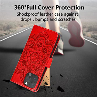 EYZUTAK Case for iPhone 13 Pro, Premium PU Leather Magnetic Flip Wallet Case with Card Holder Cash Slot Lanyard Strap Kickstand Function Embossed Mandala Flower Pattern Shockproof Cover - Red - color: Red, size: iPhone 13 Pro