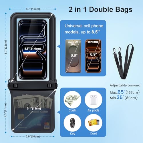 Rynapac Double Space Floating Waterproof Phone Pouch [Up to 8.5''], 2 Pack | Touchscreen, IPX8 Waterproof Phone Case, for iPhone 17 16 15 14 Pro Max, Adjustable Lanyard, Beach & Cruise Essentials 2026 - color: Pink & Green