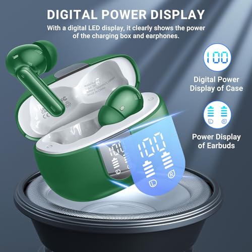 Wireless Earbuds,2024 Wireless Headphones HiFi Stereo Earphones with 4 ENC Noise Canceling Mic, 42Hs Playtime In Ear Earbud,Bluetooth 5.3 Sport Earphones with LED Power Display for Android iOS Green - color: Green