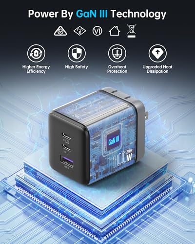 NOVOO 100W USB C Charger Block (GaN III), 3-Port Fast Charging Wall Charger