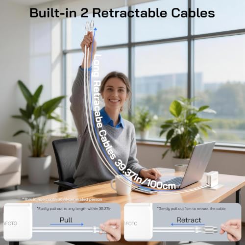 50W Retractable Wall Charger with Dual Cables, Retractable Phone Charger - size: Type-C+Type-C Cables