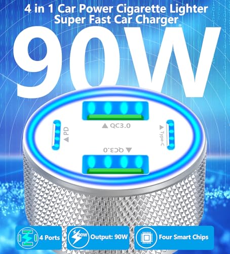 KYOHAYA 2Pack 90W USB C Car Charger, 4-Port Dual USB-C & USB-A Car Charger - color: Polished Silver