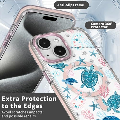 VisEnt Clear Case for iPhone 14, Magnetic Phone Case, Transparent Slim Cover, Military Grade Protection, Shockproof, Anti-Yellowing, Scratch Resistant, Sea Turtle Paisley - color: Sea Turtle Paisley, size: Iphone 14