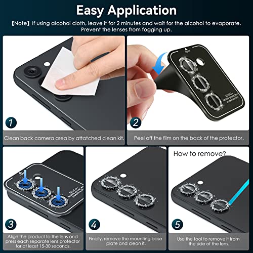 CloudValley [3 Pcs] for Samsung Galaxy S24 / S23 Plus Camera Lens Protector, 9H Tempered Glass + Aluminum Alloy Metal Individual Lens Screen Protective Ring for S23+ 5G 2023, Glitter Black - color: Glitter Black