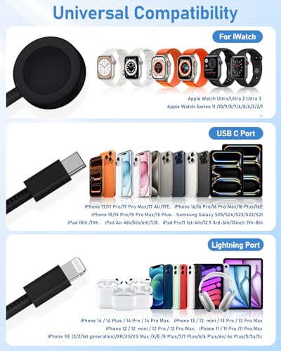 for Apple Watch Charger Fast Charging 6FT, 3 in 1 Multi Charging Cable with USB C iPhone iWatch Charger for Apple iWatch Series 11/10/9/8/7/Ultra3/Ultra 2/SE/6/5/4/iPhone 17/16/15/14/13/12/11-Black - color: Black