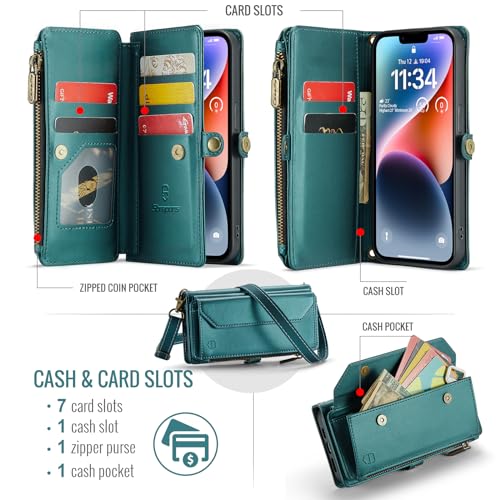 Strapurs Wallet Case Compatible with iPhone 14 RFID Blocking 7-Card Holder Soft PU Leather Magnetic Snap Shoulder Strap Zipper Pocket Phone Case Fit for iPhone 14 for Women 6.1" - Blue Green | RFID Blocking 7-Card Holder, Shoulder Lanyard, Wirst Strap, Zi