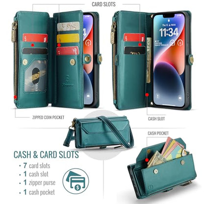 Strapurs Wallet Case Compatible with iPhone 14 RFID Blocking 7-Card Holder Soft PU Leather Magnetic Snap Shoulder Strap Zipper Pocket Phone Case Fit for iPhone 14 for Women 6.1" - Blue Green | RFID Blocking 7-Card Holder, Shoulder Lanyard, Wirst Strap, Zi