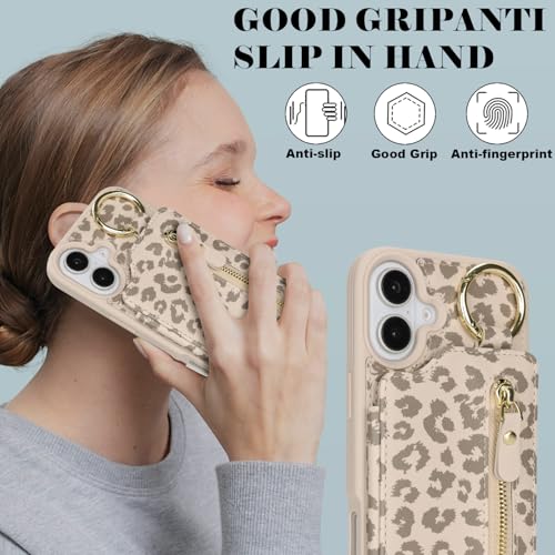 Ｈａｖａｙａ for iPhone 16 case Wallet with Card Holder for Women Men Shockproof Phone case with Keychain Ring Stand Leather Zipper Credit Card Slots-Off White Leopard Print - color: Off White leopard print-Ring
