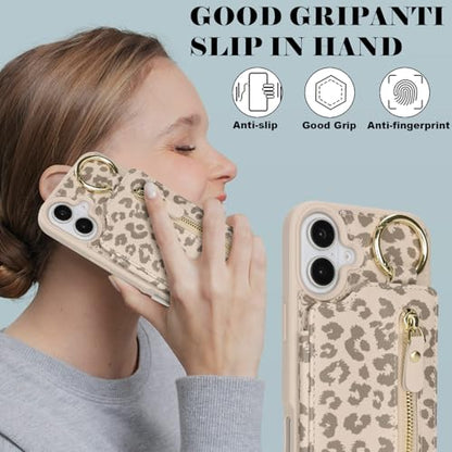 Ｈａｖａｙａ for iPhone 16 case Wallet with Card Holder for Women Men Shockproof Phone case with Keychain Ring Stand Leather Zipper Credit Card Slots-Off White Leopard Print - color: Off White leopard print-Ring