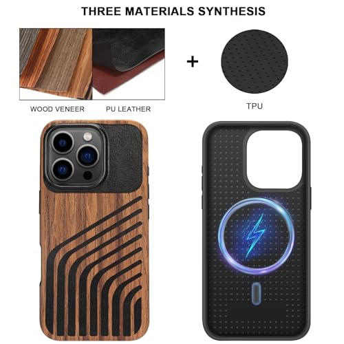 TENDLIN Magnetic Case Compatible with iPhone 16 Pro Phone Case Wood Grain with Carbon Fiber Texture Design Leather Hybrid Slim Cover (Compatible with MagSafe) Hairline - color: Magnetic Hairline, size: iPhone 16 Pro