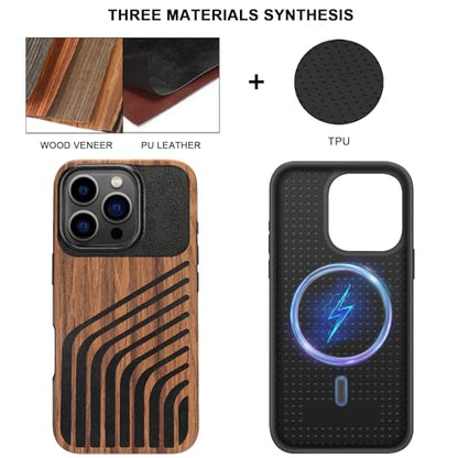 TENDLIN Magnetic Case Compatible with iPhone 16 Pro Phone Case Wood Grain with Carbon Fiber Texture Design Leather Hybrid Slim Cover (Compatible with MagSafe) Hairline - color: Magnetic Hairline, size: iPhone 16 Pro