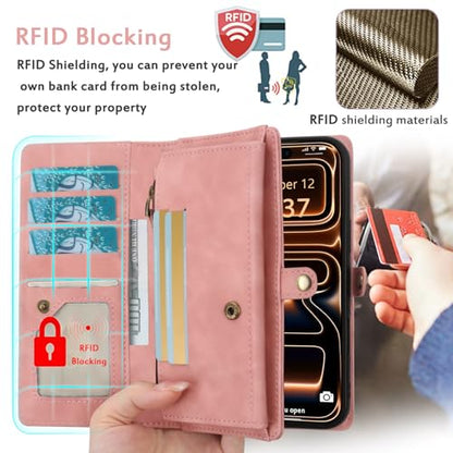 for Wallet Case Compatible with iPhone 17 Pro Max,Multi-Function Detachable 2 in 1 Magnetic iPhone 17 Pro Max Case Wallet,Flip Strap Zipper Card Holder Phone Case with Shoulder Straps (Pink) - color: Pink, size: iPhone 17 Pro Max