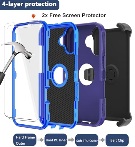 for iPhone 16 Phone Case, Military Grade Drop Protection Cell Phone Cover with Belt Clip Holster Stand, Screen Protector x2 Rugged Shockproof Kickstand for iPhone 16 Case 6.1 inch (Blue) - color: Blue