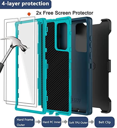 for Samsung Galaxy S22 Ultra Case with Belt Clip Holster, 2X Screen Protector, Military Grade Protection Heavy Duty Full Body Shockproof Rugged Protective Cover for Samsung S22 Ultra 5G Turquoise - color: Turquoise