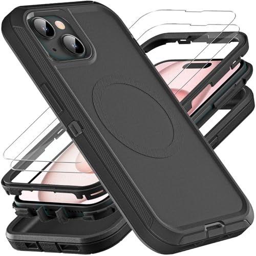 YKHJKLEC for iPhone 15 Case, Compatible with Magsafe, Military Grade 3 in 1 Heavy Duty Shockproof/Drop Proof/Dust Proof Case with 2Pcs Tempered Glass Screen Protector (New-Black/Black) - color: New-Black/Black