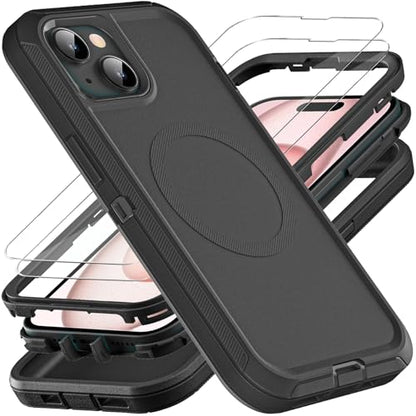 YKHJKLEC for iPhone 15 Case, Compatible with Magsafe, Military Grade 3 in 1 Heavy Duty Shockproof/Drop Proof/Dust Proof Case with 2Pcs Tempered Glass Screen Protector (New-Black/Black) - color: New-Black/Black