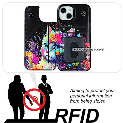 HAOPINSH for iPhone 14 Wallet Case with Card Holder, Flower Cat Pattern Back Flip Folio PU Leather Kickstand Card Slots Case for Women Girls, Double Magnetic Clasp Shockproof Cover 6.1" - color: Flower Cat