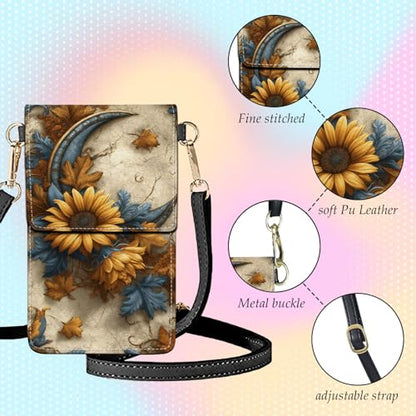 Small Crossbody Bags for Women Touchscreen Cell Phone Bag Cross Body Purses with adjustable Strap,Gifts For Teenage Girls - color: Sunflowers & Moon