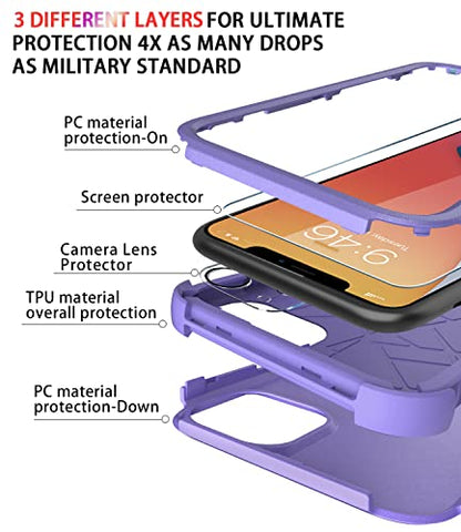 Diverbox for iPhone 11 Case [Shockproof] [Dropproof] [Tempered Glass Screen Protector],Heavy Duty Protection Phone Case Cover for Apple iPhone 11 (Purple-3in1) - color: Purple-3in1
