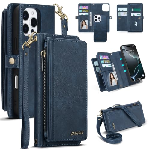 for iPhone 15 Pro Max Wallet Case, Detachable Magnetic Shockproof Phone Case,Faux Leather Crossbody Wallet,with RFID Blocking，Zipper Card Holder，Shoulder Strap (Dark Blue) - color: Darkblue, size: iPhone 15 Pro Max