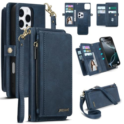 for iPhone 15 Pro Max Wallet Case, Detachable Magnetic Shockproof Phone Case,Faux Leather Crossbody Wallet,with RFID Blocking，Zipper Card Holder，Shoulder Strap (Dark Blue) - color: Darkblue, size: iPhone 15 Pro Max