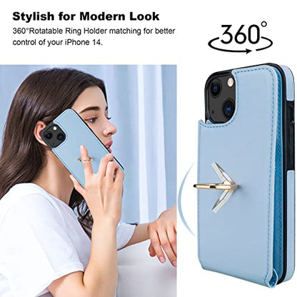 Folosu Compatible with iPhone 14 Case Wallet with Card Holder, 360°Rotation Finger Ring Holder Kickstand, RFID Blocking Leather Protective Double Buttons Shockproof Cover 6.1 Inch Blue - color: Blue, size: iPhone 14