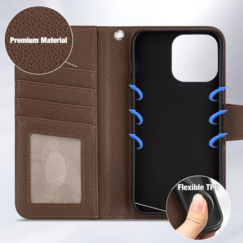Arae Compatible with iPhone 15 Pro Max Case with Card Holder and Wrist Strap Wallet Flip Cover for iPhone 15 Pro Max 6.7 inch Men RFID Blocking, Wristlet, Kickstand,Litchi Brown - color: Litchi Brown, size: iPhone 15 Pro Max 6.7 inch
