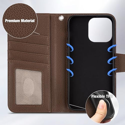 Arae Compatible with iPhone 15 Pro Max Case with Card Holder and Wrist Strap Wallet Flip Cover for iPhone 15 Pro Max 6.7 inch Men RFID Blocking, Wristlet, Kickstand,Litchi Brown - color: Litchi Brown, size: iPhone 15 Pro Max 6.7 inch
