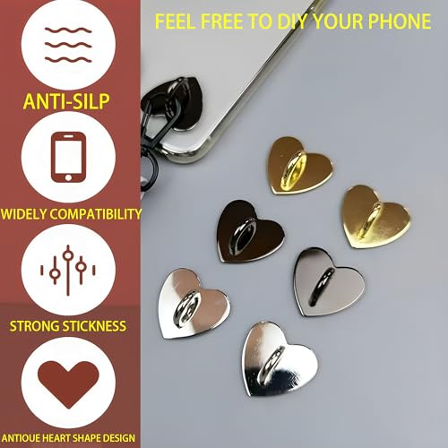 10Pcs Heart Phone Ring Holder, Adhesive Metal Finger Grip Loop Stand and Charm Hook for Cell Phone, Tablet, DIY Case, Cute Universal Keychain Ring for Hanging Accessories (Rose Gold)