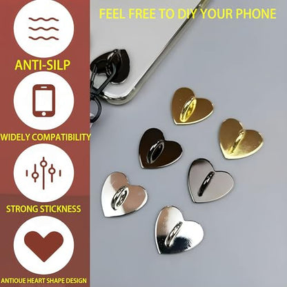 10Pcs Heart Phone Ring Holder, Adhesive Metal Finger Grip Loop Stand and Charm Hook for Cell Phone, Tablet, DIY Case, Cute Universal Keychain Ring for Hanging Accessories (Rose Gold)