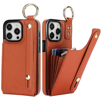 Folosu for iPhone 15 Pro Max Wallet Case with Card Holder, Hand Wrist Strap Loop Holder Kickstand, RFID Blocking Finger Grip Ring PU Leather Double Buttons Shockproof Cover 6.7" Brown - color: Brown