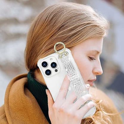 Omio Compatible with iPhone 16 Pro Case Clear Luxury Glitter Sparkle Rhinestone Diamond Stand Holder Case Soft TPU Silicone Slim Cover with Wrist Strap Grip Holder Kickstand for Women Girls Clear - size: iPhone 16 Pro