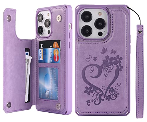 iCoverCase Compatible with iPhone 14 Pro Max Wallet Phone Case with Card Holder for Women, RFID Blocking Embossed PU Leather Wrist Strap Case 6.7 Inch (Heart Purple) - color: H-Purple