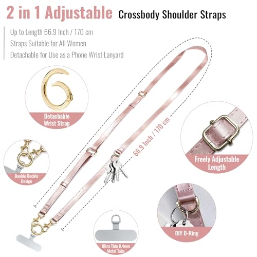Clip and Go Phone Strap Crossbody Wrist 2 in 1 Leather Lanyard with Tether Hanging Loop Adjustable Anti-Theft Purse Replacement Handbag Long Thin Shoulder Neck Straps for All Phones Key Bags Rose Gold - color: Rose Gold