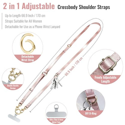 Clip and Go Phone Strap Crossbody Wrist 2 in 1 Leather Lanyard with Tether Hanging Loop Adjustable Anti-Theft Purse Replacement Handbag Long Thin Shoulder Neck Straps for All Phones Key Bags Rose Gold - color: Rose Gold