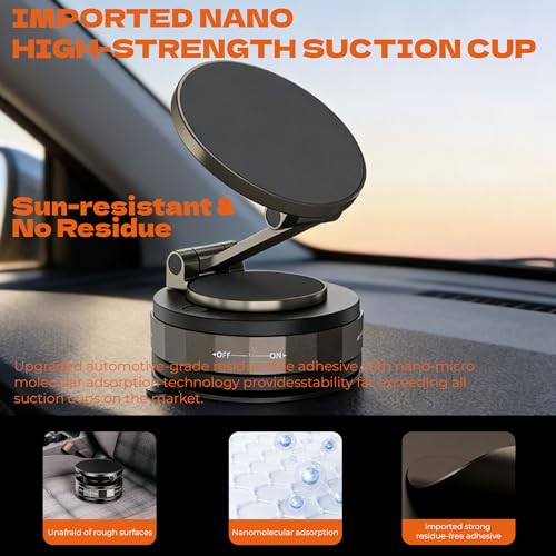 Magnetic Phone Holder for Car 2.01 Inch, Super Strong Vacuum Suction Cup, 360° Rotation Magsafe Car Mount for Dashboard Windshield, Foldable Aluminum Car Accessories for iPhone Samsung