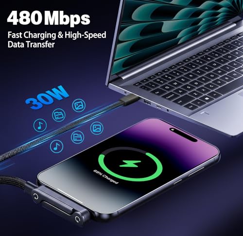 USB C to Lightning 2 in 1 Invisible Holder Charger Cable, MFi, 30W PD