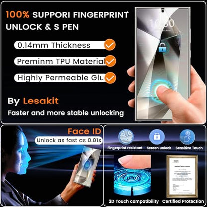 Lesakit 2 Pack Privacy Screen Protector for Samsung Galaxy S24 Ultra 6.8 inch, Anti Spy TPU Flexible Screen Protector [Support Fingerprint ID], True 28°, High Sensitivity, Case Friendly