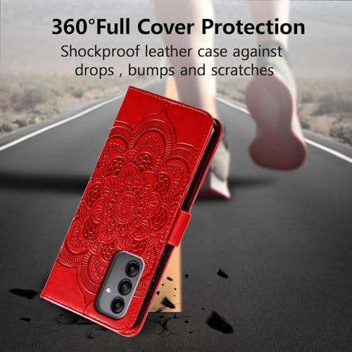 EYZUTAK Case for Samsung Galaxy A16 4G/5G, Premium Leather Magnetic Closure Flip Wallet Phone Case with Card Holder Cash Slot Stand Function Embossed Mandala Flower Slim Shockproof Lanyard Cover - Red - color: Red, size: Samsung Galaxy A16 4G/5G