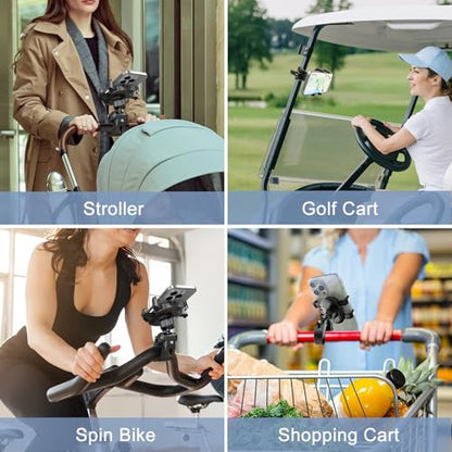 Stroller Phone Holder, Universal Handlebar Phone Mount with 360° Rotation for Golf Cart, Shopping Cart, Spin Bike, Treadmill & Boat - Clamp Fits All iPhone & Android Phones