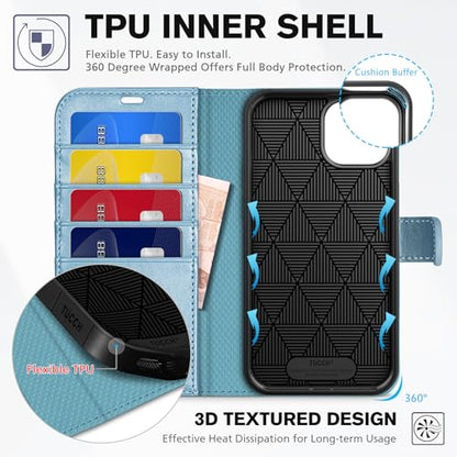 TUCCH Wallet Case for iPhone 14 (6.1") 2022, 4 Card Slots, Shiny Light Blue | RFID Blocking, Viewing Stand, Shockproof TPU Shell, PU Leather, Magnetic Closure, Protective Folio Flip Cover - color: Shiny Blue