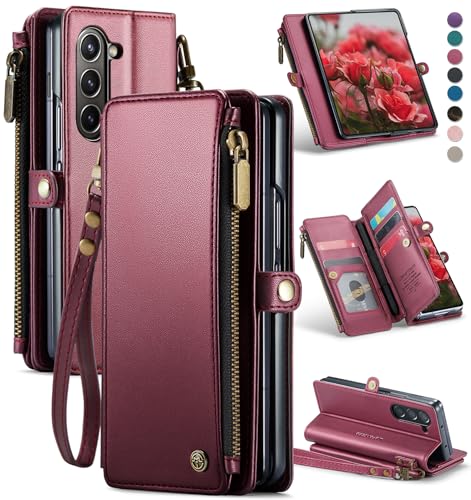 Defencase for Samsung Galaxy Z Fold 6 Wallet Case with Card Holder, WineRed | Durable Soft PU Leather, RFID Blcking Zipper Pocket, with S-Pen Holder & Strap, Flip Phone Cases with Stand for Women Men - color: Wine Red