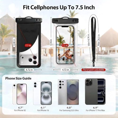 2 Waterproof Adjustable Lanyard Phone Pouch for iPhone 17/16 ProMax | IPX8 rated, Cruise use, Beach use, Card storage, Clear dry bag - color: Black+Black