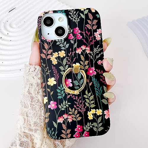 Qokey for iPhone 13/14 6.1" Case, Cute Garden Flowers Design for Girls Women, Matte Pattern Soft Shockproof TPU Anti-Scratch Phone Cover, Black Mixed Floral - color: Rattan