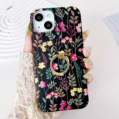 Qokey for iPhone 13/14 6.1" Case, Cute Garden Flowers Design for Girls Women, Matte Pattern Soft Shockproof TPU Anti-Scratch Phone Cover, Black Mixed Floral - color: Rattan